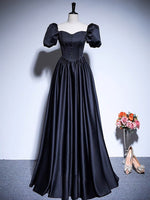 A-Line Satin Puff Sleeves Black Long Prom Dress, Black Long Evening Dress