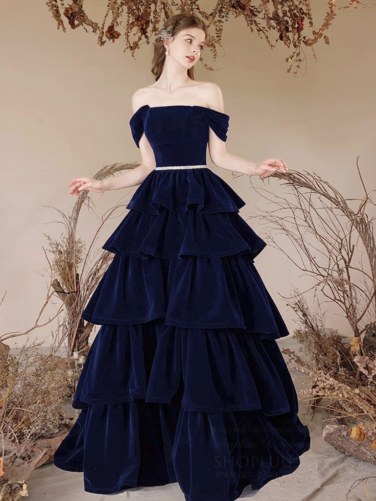 A-Line Off Shoulder Velvet Dark Blue Long Prom Dress, Dark Blue Long Formal Dress