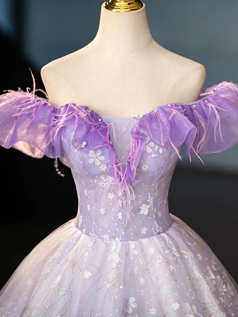 A-Line Off Shoulder Tulle Lace Purple Long Prom Dress, Purple Long Formal Dress