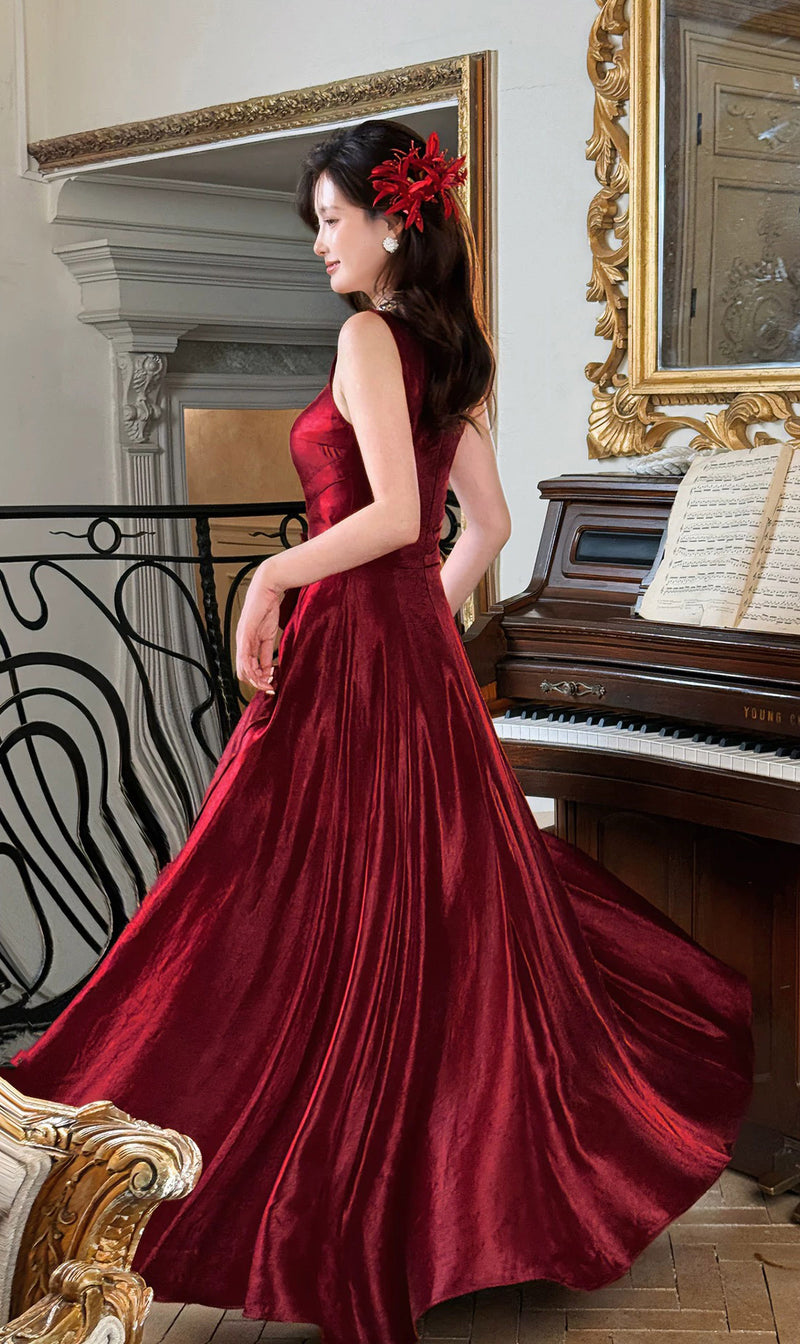 satin maroon prom dress LaDivine BD104 Satin A-Line Prom Dress with Cowl Neckline and Thigh-High Slit