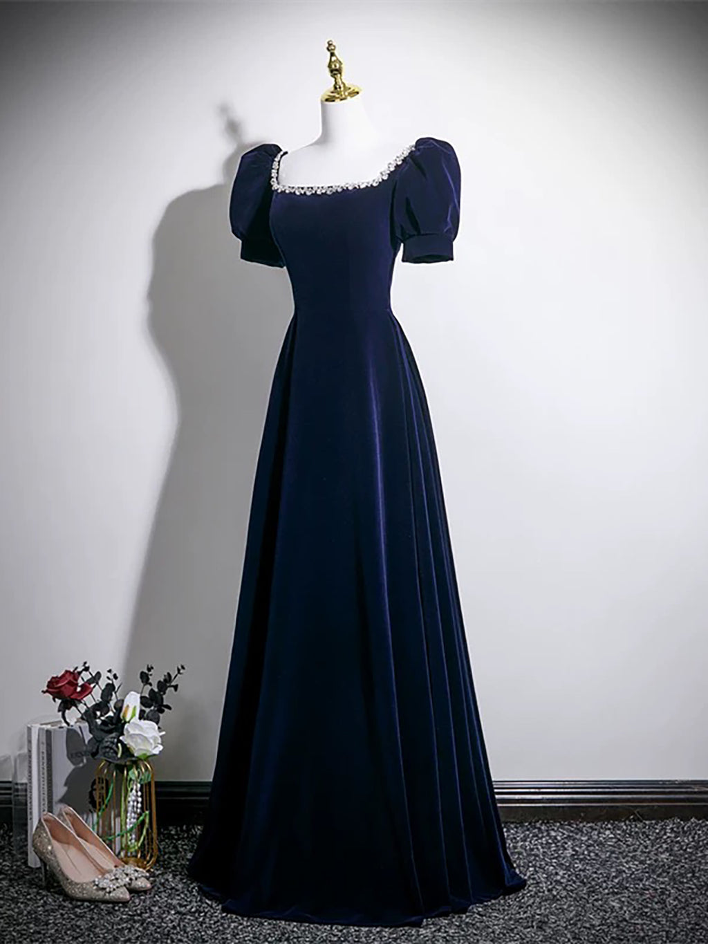 dark blue dresses near me A-line Square Neckline Velvet Long Prom Dress with Beads Size:M - 39/40 Our new office favourite Delivery Date: Famous this stunning gown features