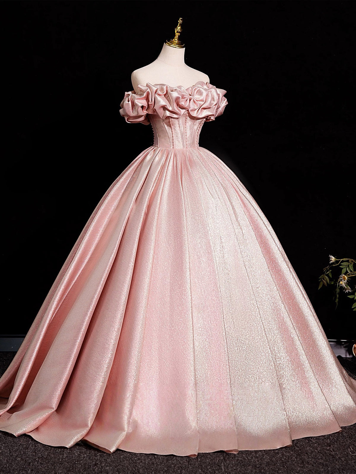 A-Line Off Shoulder Satin Floor Length Pink Long Prom Dress With Beads