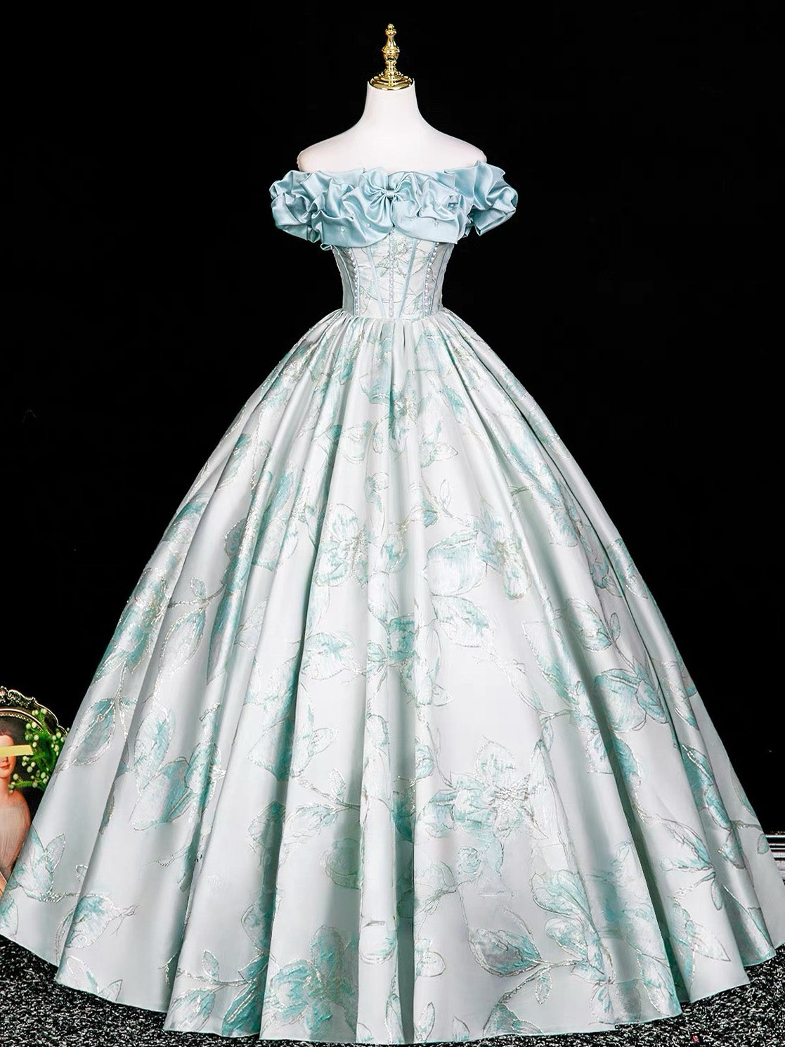 A-line Floor Length Printed Satin Blue Long Prom Dress with Beads