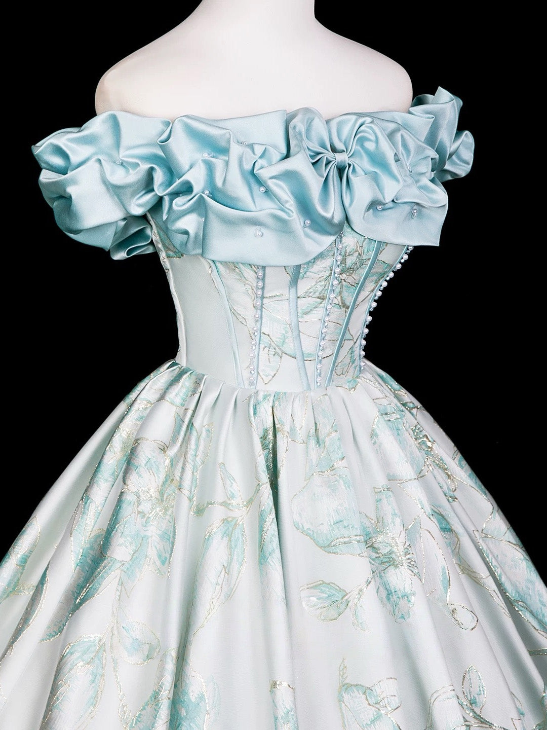 A-line Floor Length Printed Satin Blue Long Prom Dress with Beads