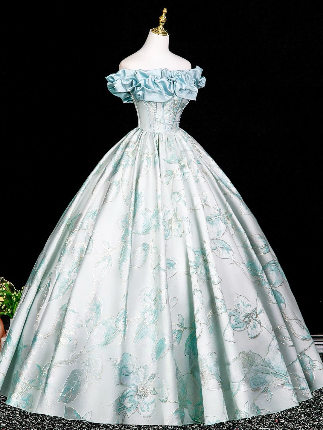 A-line Floor Length Printed Satin Blue Long Prom Dress with Beads