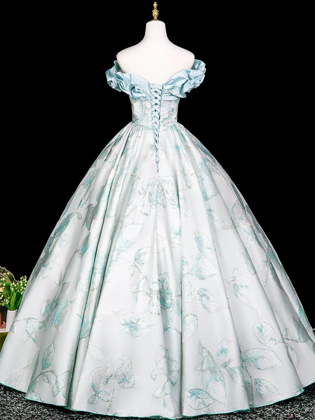 A-line Floor Length Printed Satin Blue Long Prom Dress with Beads