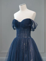 A-Line Off Shoulder Tulle Lace Dark Blue Long Prom Dress, Dark Blue Long Evening Dress