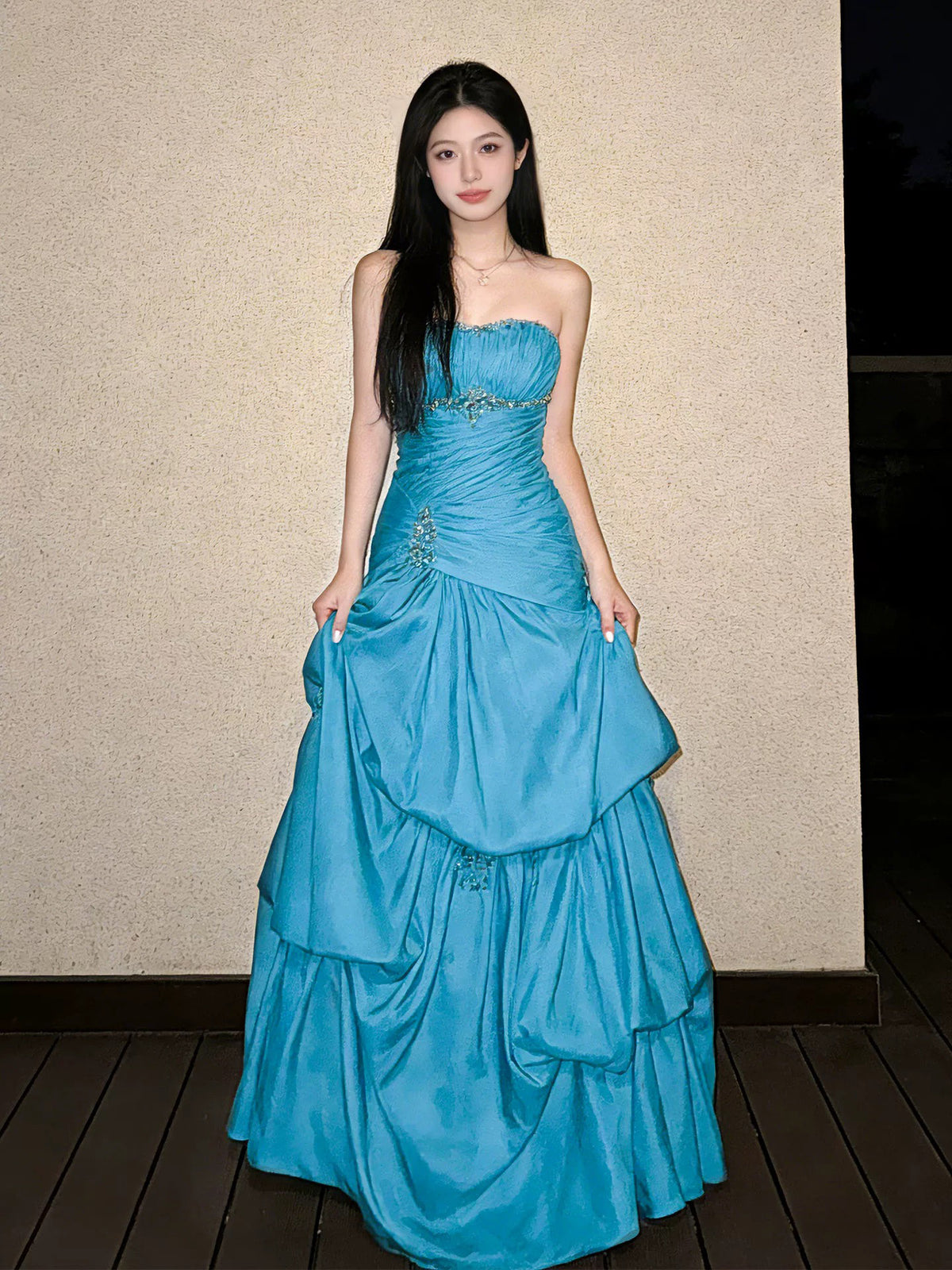 A-line Sweetheart Taffeta Floor Length Blue Prom Dress with Beads