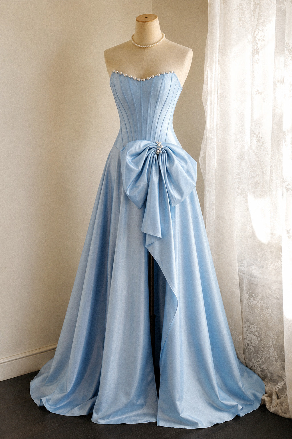 Elegant A-line Satin Floor Length Blue Prom Dress with Beads