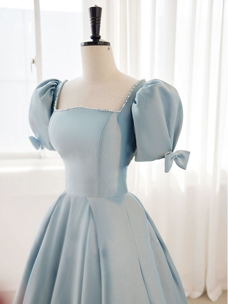 A-Line Blue Satin Puffy Sleeve Long Prom Dress