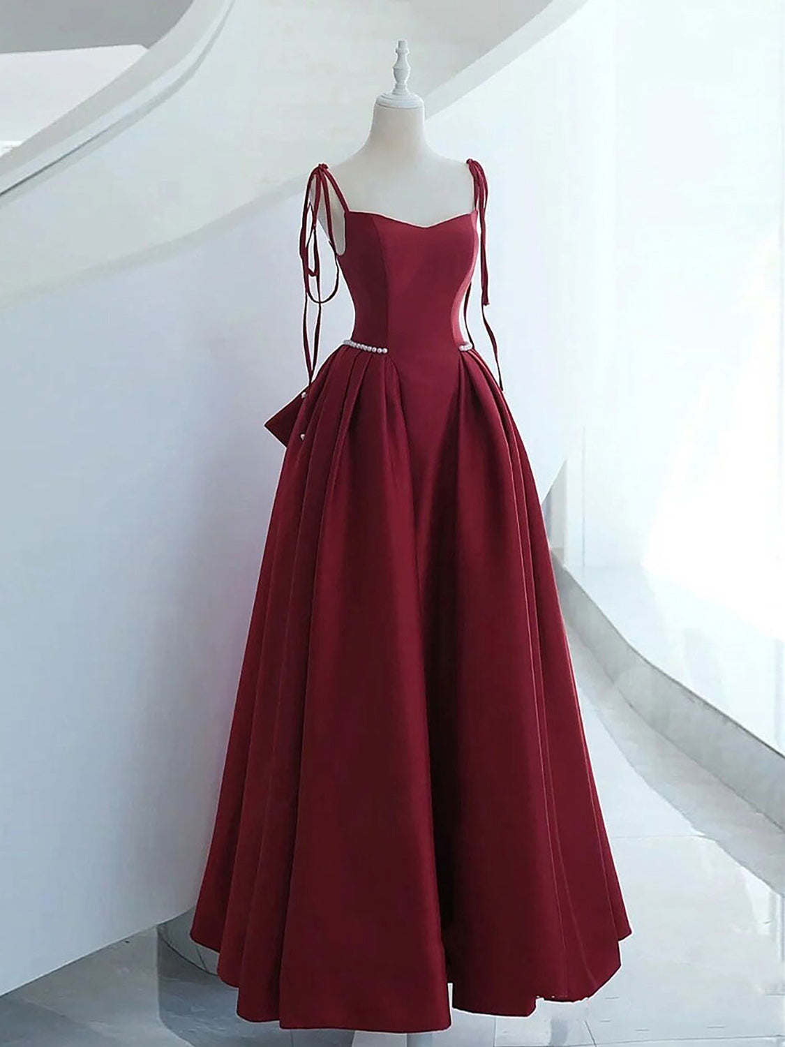 A-Line Floor Length Satin Burgundy Long Prom Dress with Beads