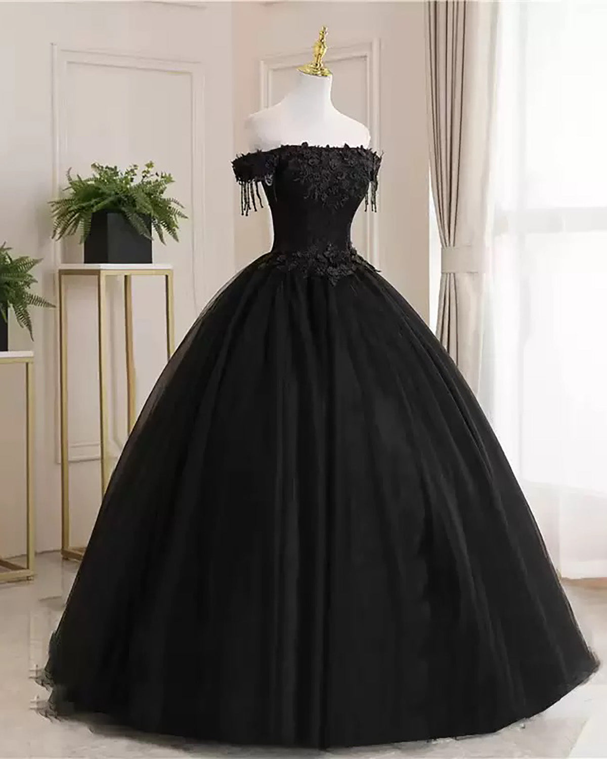 Black Tulle Off Shoulder Lace Long Prom Dress, Black Evening Dress – shopluu