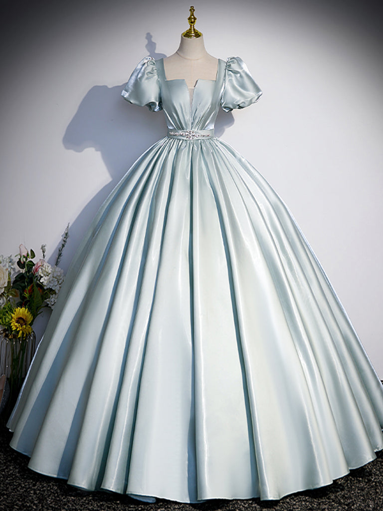 Blue A-Line Satin Long Prom Dress, Blue Satin Long Evening Dress