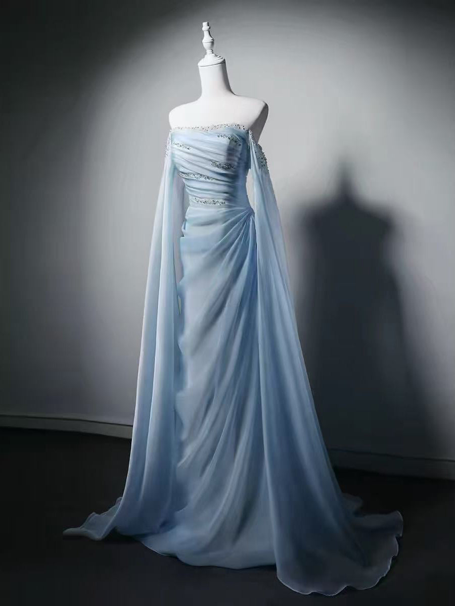 A-line Sweep Train Organza Blue Long Prom Dress with Beads