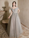 A-Line Off Shoulder Tulle Sequin Gray Long Prom Dress, Gray Formal Dress