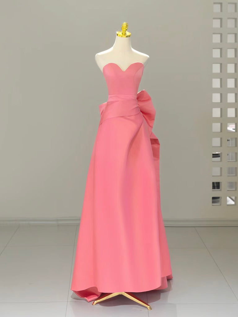 A-Line Sweetheart Neck Satin Pink Long Prom Dress, Pink Long Formal Dress