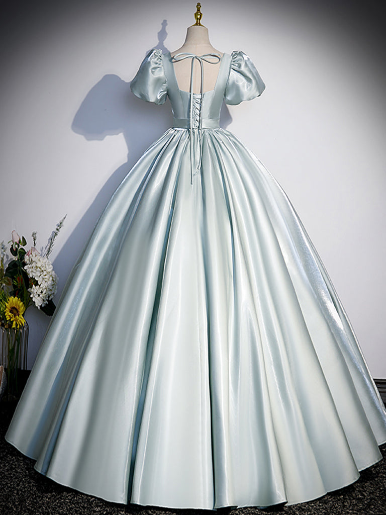 Blue A-Line Satin Long Prom Dress, Blue Satin Long Evening Dress