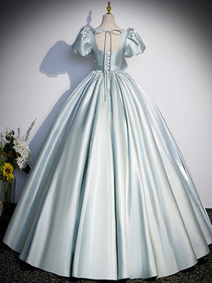 Blue A-Line Satin Long Prom Dress, Blue Satin Long Evening Dress