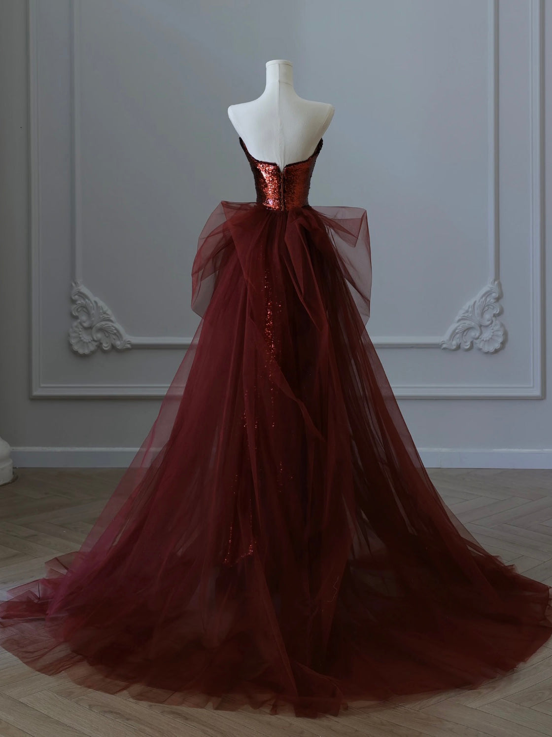 A-Line Floor Length Tulle Sequin Burgundy Prom Dress