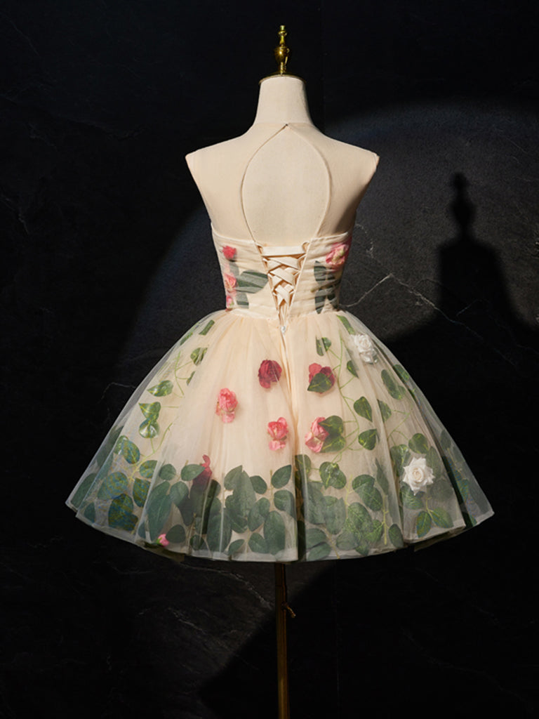 Unique Scoop Neckline Tulle Flower Champagne Short Prom Dress, Cute Formal Dress