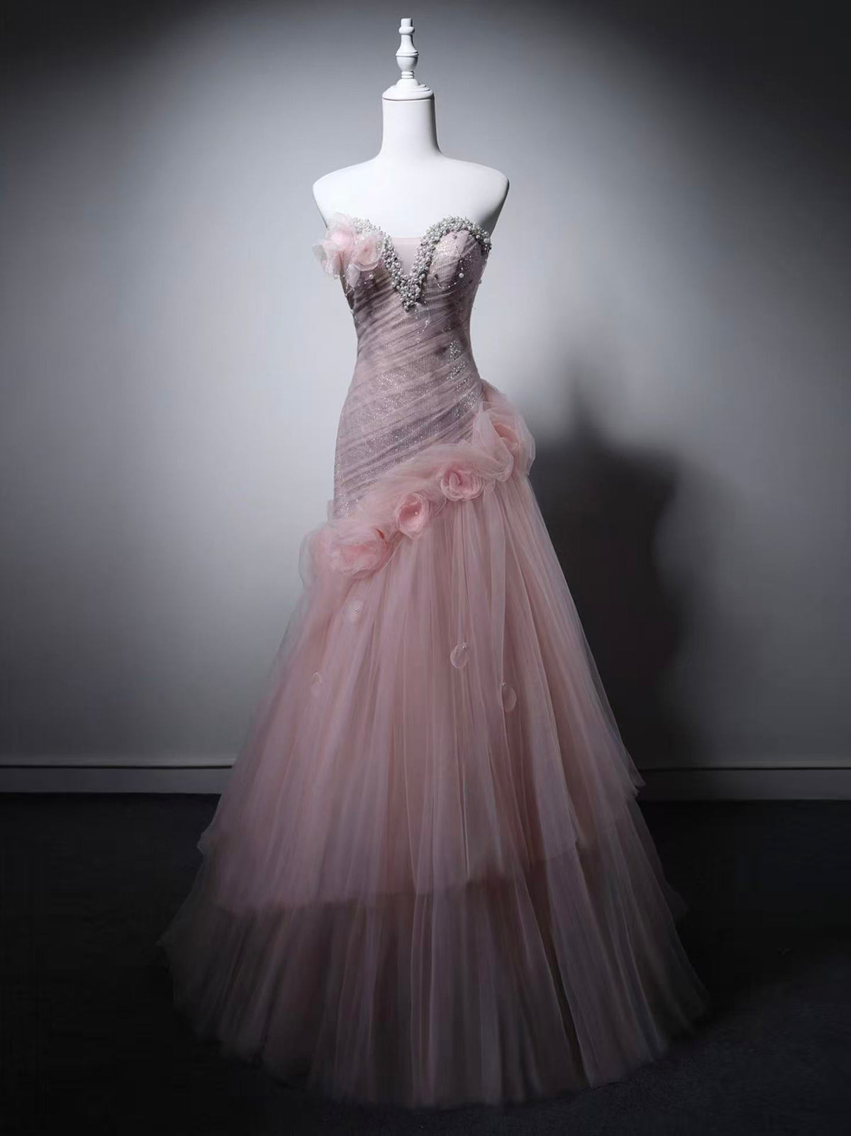 A-line Sweetheart Neck Tulle Sequin Pink Long Prom Dress with Beads