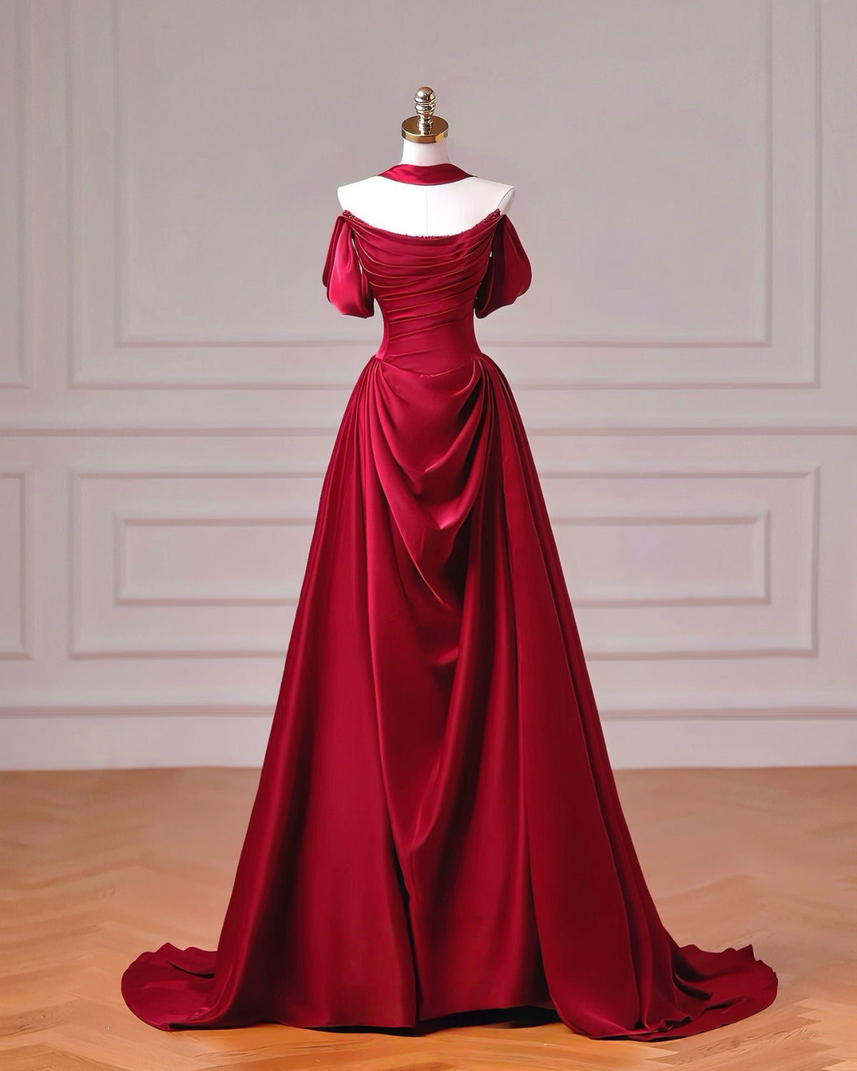 A-Line Spoon Neck off Shoulder Sweep Train Burgundy Long Prom Dress