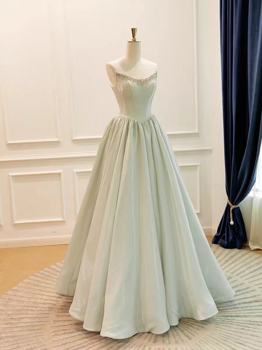 A-line V Neck Satin Beads Light Green Long Prom Dress