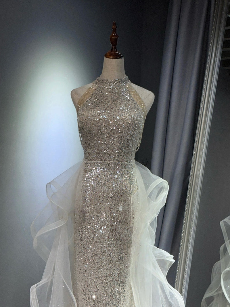 a line sequin prom dress A line Halter Long Black Sequin Slit Prom Dress P1273  PreppyDress