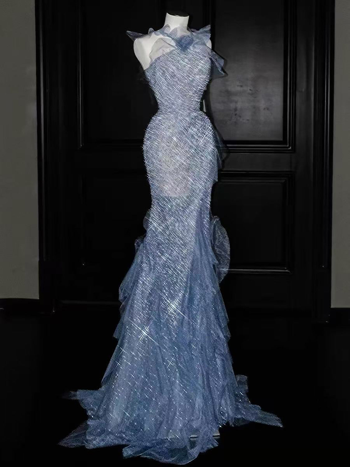 Mermaid Tulle Sequin Floor Length Blue Prom Dress