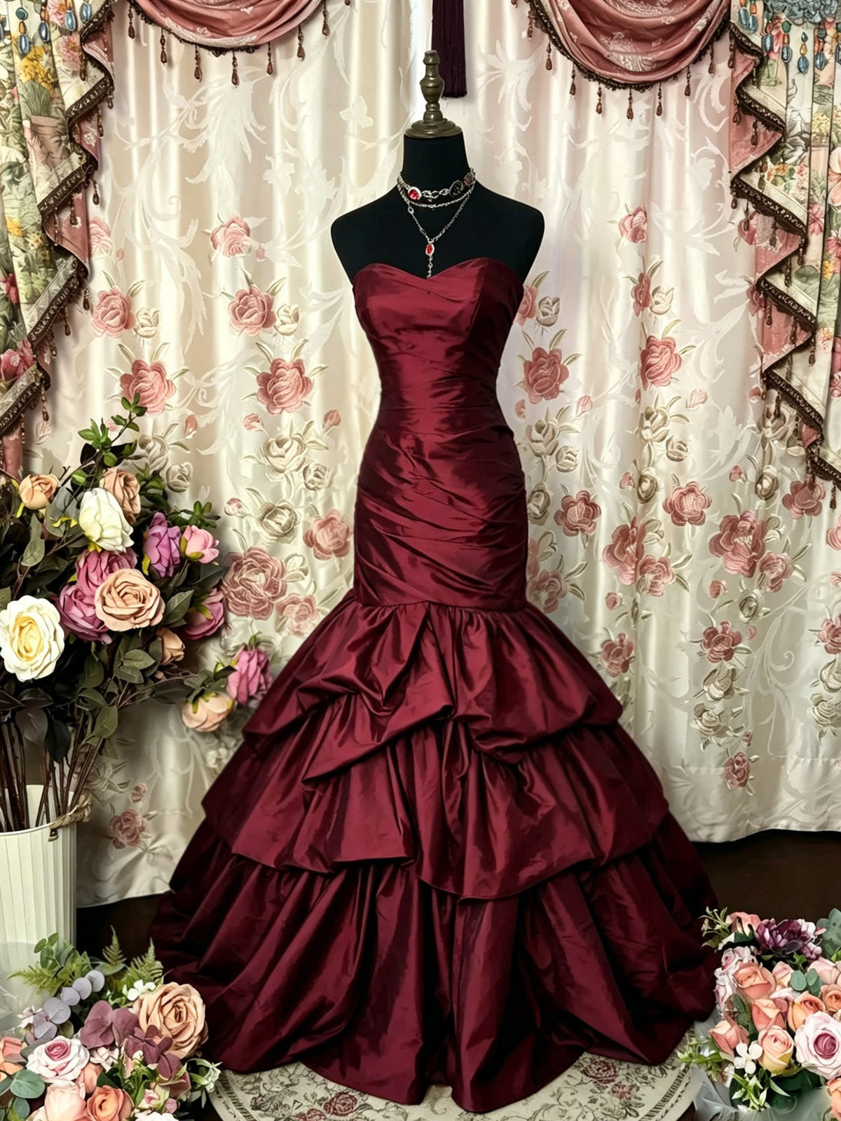 Mermaid Sweetheart Neck Floor Length Burgundy Prom Dresss