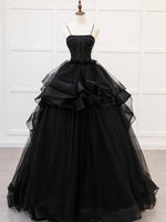 A-Line Tulle Beads Black Long Prom Dress, Black Sweet 16 Dress