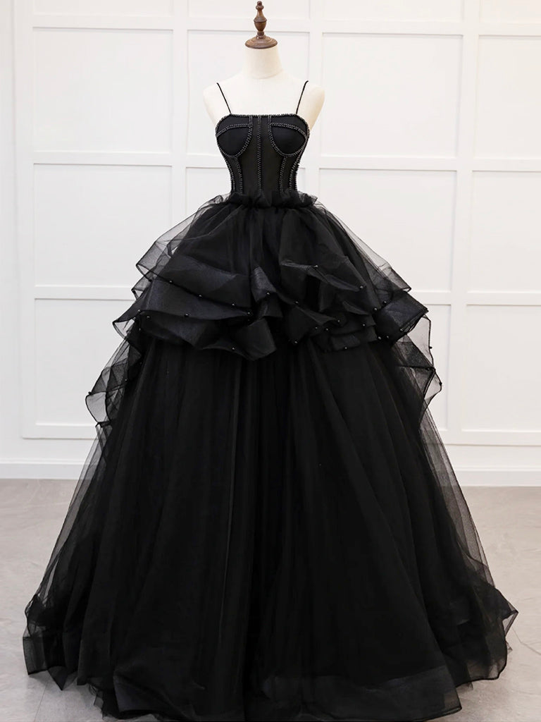 A-Line Tulle Beads Black Long Prom Dress, Black Sweet 16 Dress US 4 / Black A-Line Tulle Beads Black Long Prom Dress, Black Sweet 16 Dress US 4 / Black