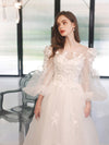A-Line Round Neck White Tulle Lace Long Prom Dress, White Formal Dress