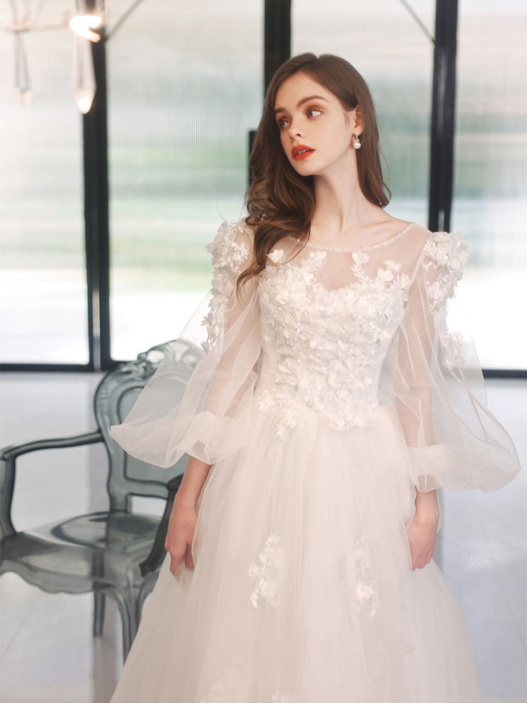 A-Line Round Neck White Tulle Lace Long Prom Dress, White Formal Dress