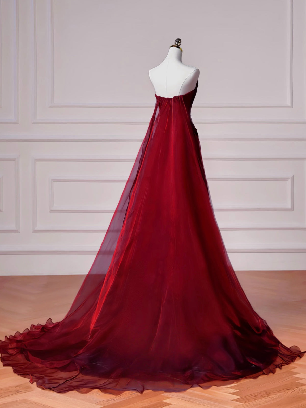 A-Line Off Shoulder Sweep Train Satin Organza Burgundy Long Prom Dress