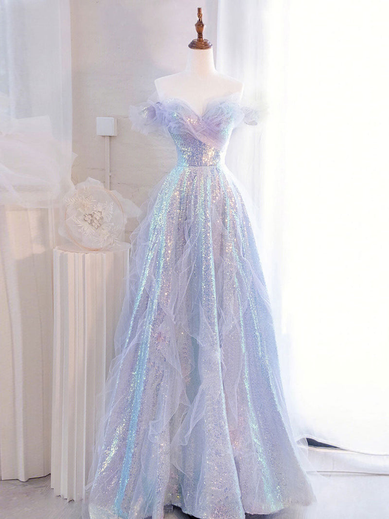 Purple Off Shoulder Tulle Sequin Long Prom Dress, Purple Formal Dress