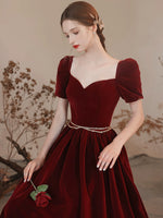 A-line Sweetheart Neck Velvet Burgundy Long Prom Dress, Burgundy Long Formal Dress