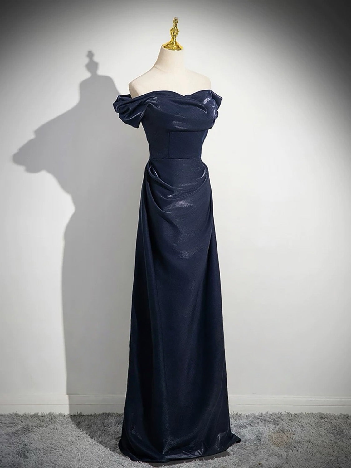 A-Line Off Shoulder Satin Dark Blue Long Prom Dress