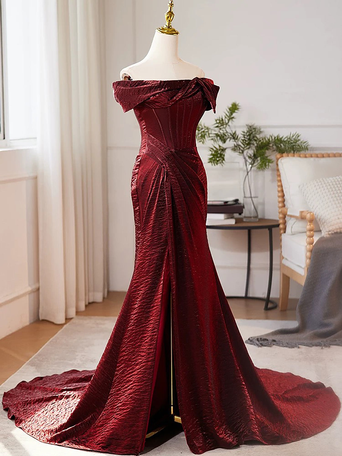 Mermaid Off Shoulder Burgundy Long Prom Dress, Burgundy Long Evening Dress