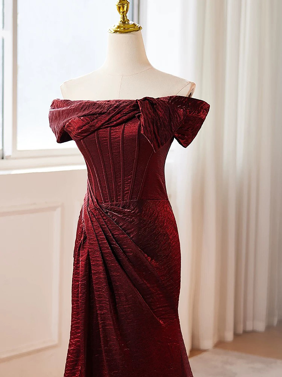 Mermaid Off Shoulder Burgundy Long Prom Dress, Burgundy Long Evening Dress