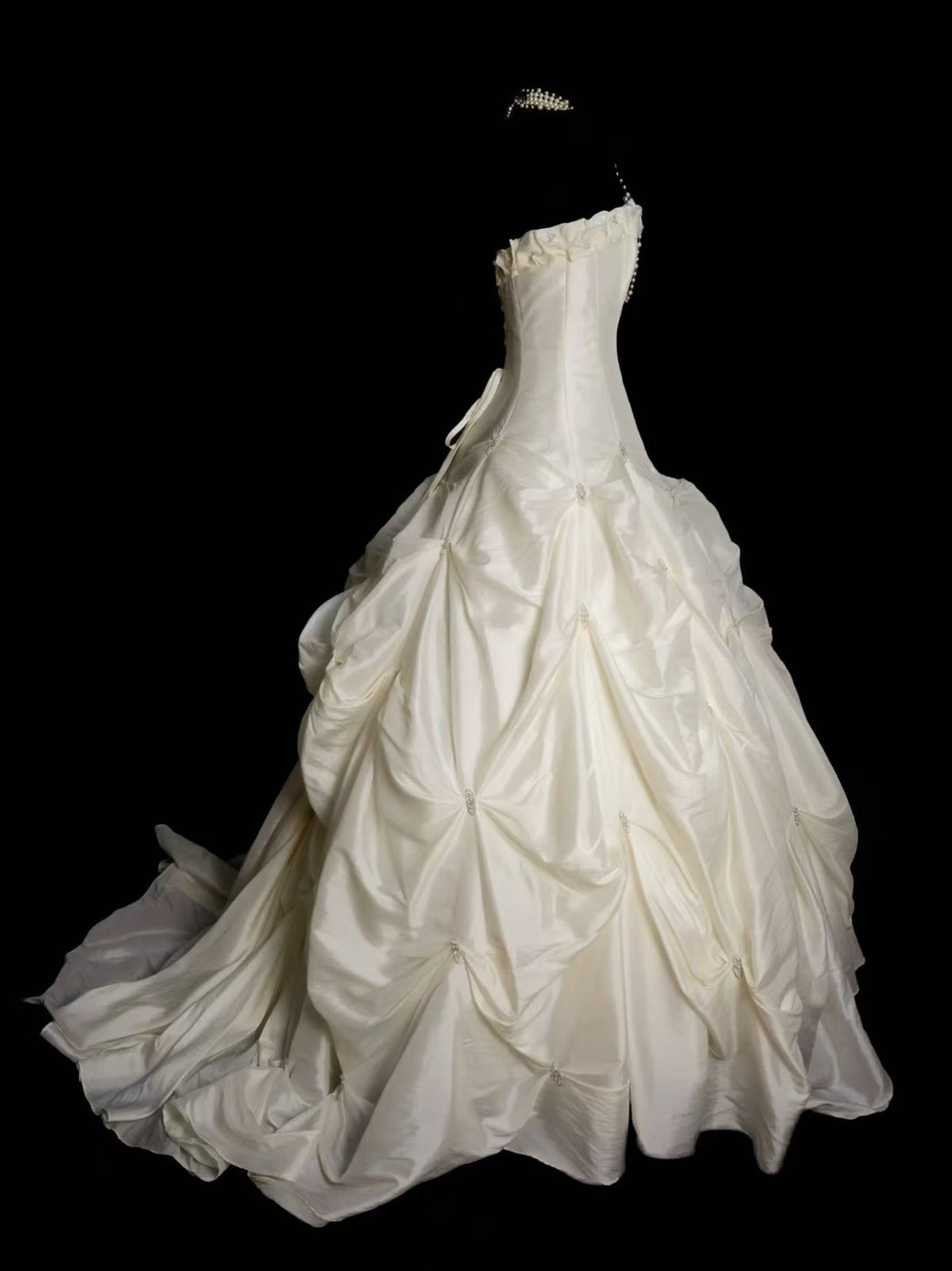 Ivory Strapless Taffeta Ball Gown Long Prom Dress with Ruffled Neckline