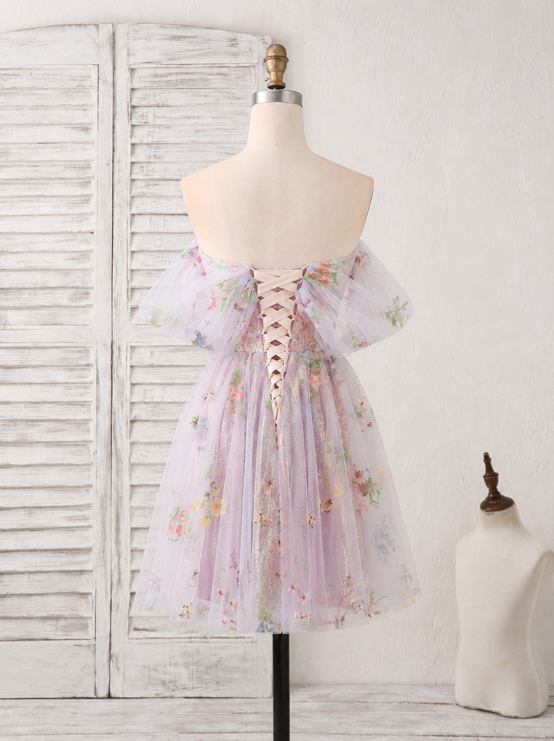 A-line Sweetheart Neck Off Shoulder Tulle Lace Purple Homecoming Dress