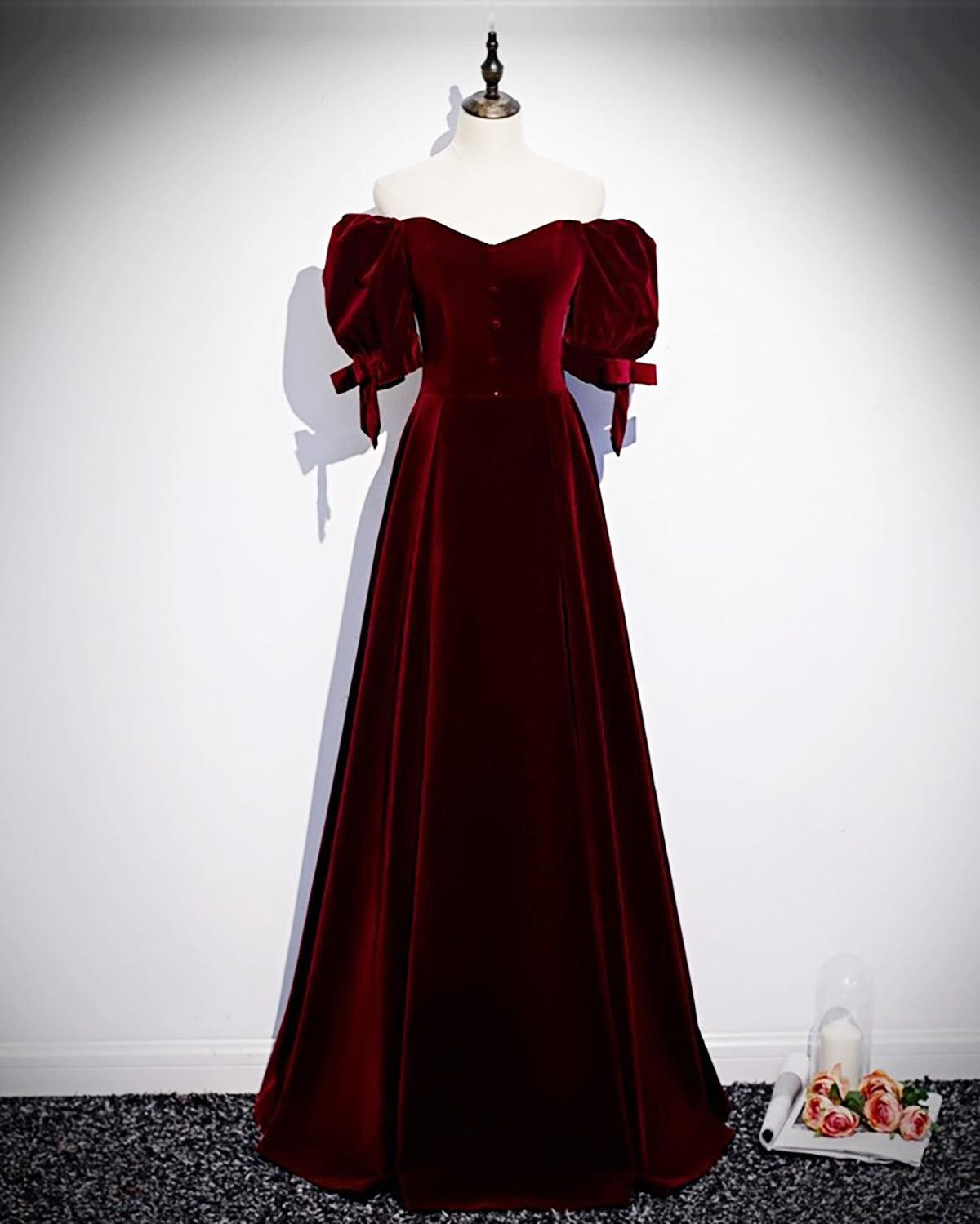 A-Line Puff Sleeves Velvet Burgundy Long Prom Dress