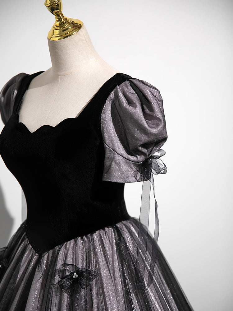A-Line Puff Sleeves Black Long Prom Dress, Black Sweet 16 Dress Custom Size / Custom Color A-Line Puff Sleeves Black Long Prom Dress, Black Sweet 16 Dress Custom Size / Custom Color