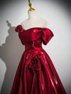 A-Line Off Shoulder Satin Burgundy Long Prom Dress, Burgundy Long Formal Dress