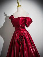 A-Line Off Shoulder Satin Burgundy Long Prom Dress, Burgundy Long Formal Dress