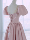 A-Line Puff Sleeves Satin Pink Long Prom Dress, Pink Long Formal Dress