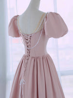 A-Line Puff Sleeves Satin Pink Long Prom Dress, Pink Long Formal Dress