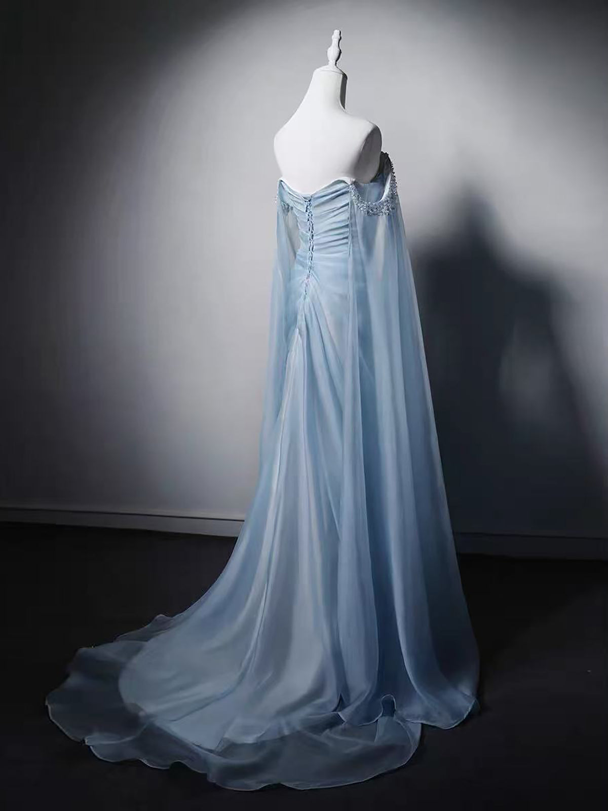 A-line Sweep Train Organza Blue Long Prom Dress with Beads