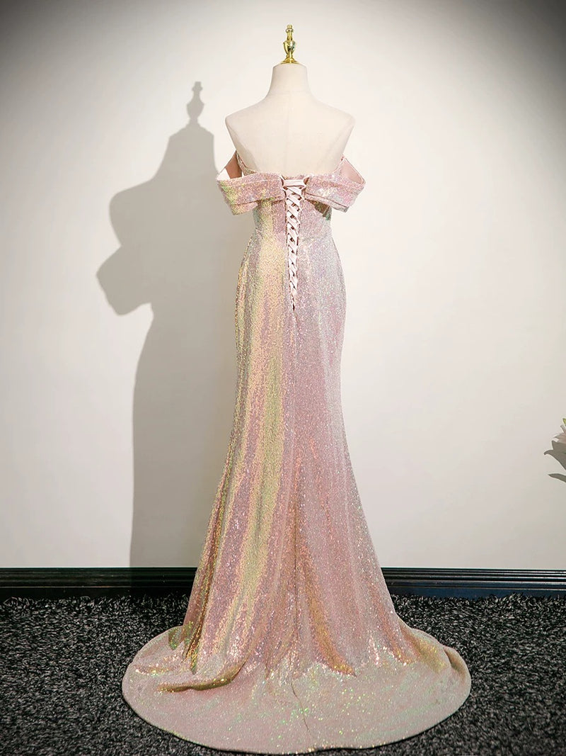 Simple Off Shoulder Sequin Mermaid Pink Prom Dress, Pink Long Formal Dress